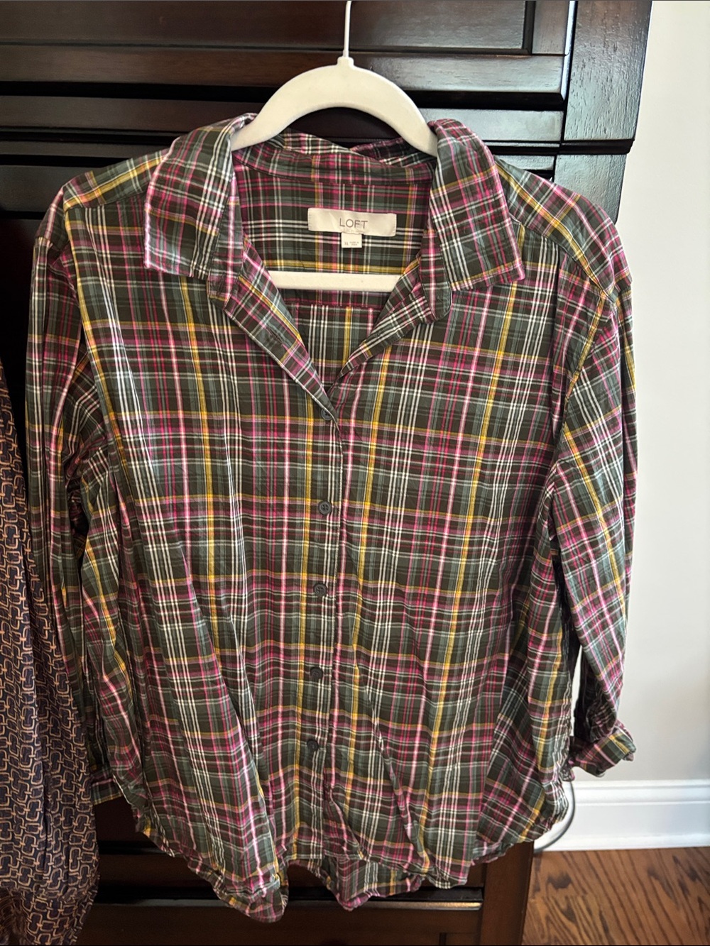 LOFT Plaid Button-Down Shirt in Green, Pink & Yellow Stripe